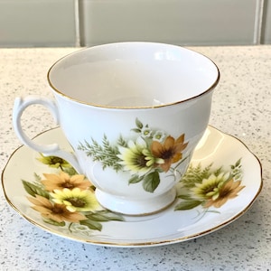 Vintage Royal Vale Tea Cup and Saucer / Antique Bone China Tea Cup and Saucer / Yellow and Orange Floral Royal Vale Cup and Saucer