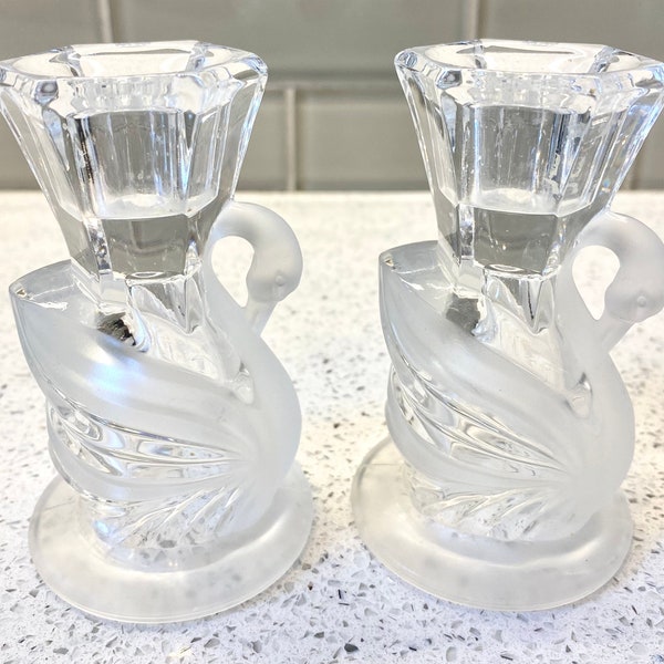 Vintage Glass Swan Candlestick Holders / Vintage Class Candle Holder / Set of 2 Glass Swan Candle Holders / Vintage Frosted Glass Swan