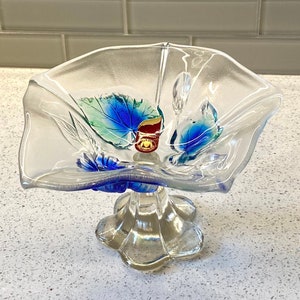 Vintage Walther Glass Serving Dish / German Walther Glass / Vintage Blue Flower Glass Serving Dish / Vintage Walther Glass / Vintage Glass
