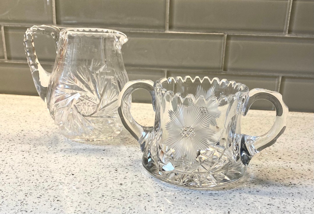Vintage Crystal Creamer and Sugar Bowl / Heavy Crystal / Vintage Etched