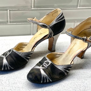 Vintage Antique La Gioconda Shoes / Vintage Black and Silver Woman&#39;s Size 9.5 La Gioconda High Heel Shoes with Ankle Strap
