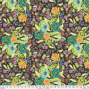 May include: A fabric pattern featuring a repeating design of stylized snakes intertwined with flowers and foliage. The snakes are a pale green with yellow accents, while the flowers are orange, pink, and teal. The background is a dark brown.