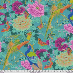 May include: A teal fabric featuring a vibrant pattern of pink and peach peonies, green leaves, orange and blue butterflies, and two long-tailed birds. A white measuring tape is visible at the bottom, showing measurements from 0 to 24 inches.