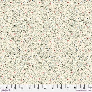 May include: Cream-coloured fabric featuring a repeating pattern of stylised green leaves, red flowers, and blue dots. The design resembles a botanical illustration. The fabric has a ruler along the bottom edge with the text "Free Spirit" and "freespiritfabrics.com".
