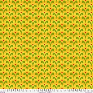 Puede incluir: Patrón repetitivo de hojas verdes estilizadas con bayas rojas sobre fondo amarillo. El diseño simétrico cubre toda la superficie, creando una estética vibrante y alegre. Adecuado para tela o papel pintado.