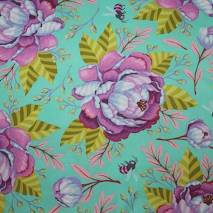 May include: A floral fabric featuring large, vibrant pink and purple peonies with white centers, set against a teal background. The design includes green and yellow leaves, pink sprigs, and small bee illustrations, creating a whimsical, nature-inspired pattern.