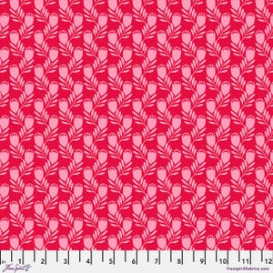 May include: Red fabric featuring a repeating pattern of light pink stylized flowers and leaves. The flowers are arranged in vertical rows against a solid red background. The fabric has a smooth texture, suitable for sewing projects.