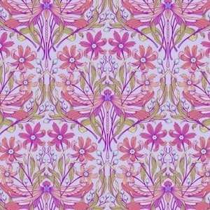 May include: A repeating pattern featuring stylized flowers and birds in shades of purple, pink, orange, and green on a light purple background. The design has a symmetrical, Art Nouveau style with intricate details and flowing lines.