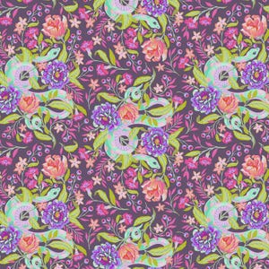 May include: A repeating pattern featuring stylized snakes, flowers, and foliage in a vibrant color palette. The design includes light green snakes, pink and purple flowers, and green leaves on a dark purple background. The overall theme is floral and botanical.
