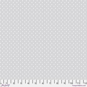 May include: A light gray fabric with a repeating pattern of small, white teardrop shapes. The teardrops are evenly spaced across the surface. The fabric has a smooth texture and is suitable for various sewing projects.