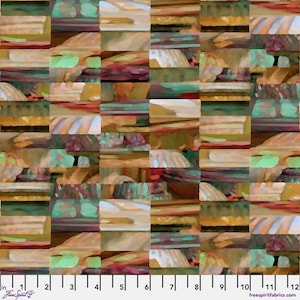 May include: Abstract fabric design featuring a patchwork of rectangular shapes in various colors. The color palette includes shades of brown, beige, green, and red. The fabric is measured in inches.