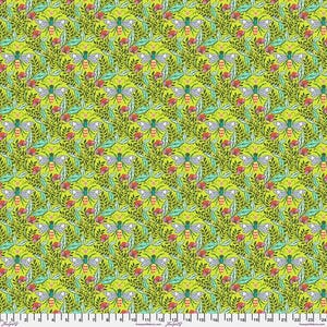 May include: A vibrant fabric with a repeating pattern of bees, leaves, and flowers in shades of green, red, and teal on a yellow background. The design includes detailed illustrations of insects and botanical elements, creating a lively and colorful textile.