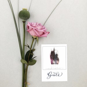 Postkarte „Alles Gute“ – Watercolor Federn, moderne A6 Karte, Lettering mit floraler Note