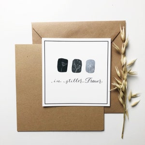 Trauerkarte quadratisch – stilvolle Kondolenzkarte mit Handlettering, Aquarell, „In stiller Trauer“