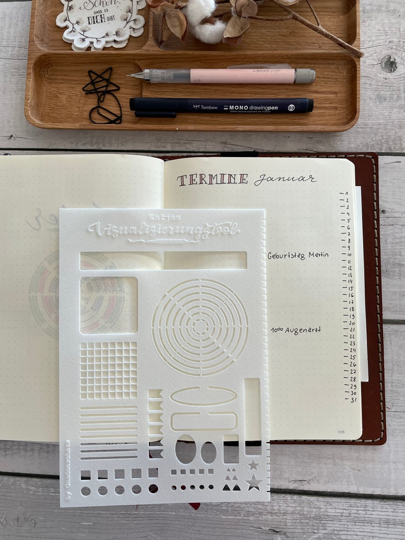 Bullet journaling, BuJo, stencil, shapes ruler, A5, Katja's visualization tool, tracker, planning image 6