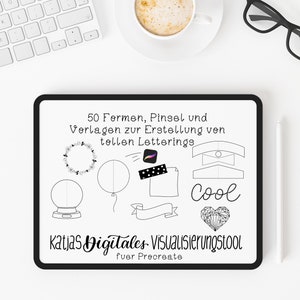 Könnte beinhalten: Ein digitaler Tablet-Bildschirm zeigt eine Reihe von 50 schwarzen und weißen Formen, Pinseln und Vorlagen zum Erstellen von Schriftzügen. Der Text "50 Formen, Pinsel und Verlagen zur Erstellung von tollen Letterings" und "Katjas Digitales Visualisierungstool fuer Precreate" ist auf dem Bildschirm sichtbar.
