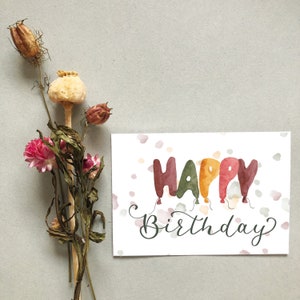 Geburtstagskarte „Happy Birthday“ – A6 Karte mit Ballons, Watercolor, Lettering, florales Design