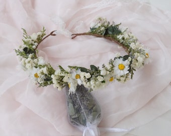 Daisy dried flower bride crown, Bohemian wedding flower girl headdress, eucalyptus leaf baby shower decoration