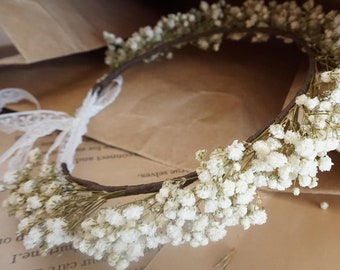 Corona di gipsofila del respiro del bambino conservato, decorazione di fiori secchi per ragazza di fiori da matrimonio