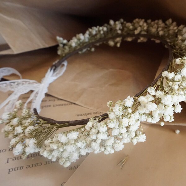 Preserved Baby's Breath Gypsophila Crown, Wedding Flower Girl Dry Flower Decoration