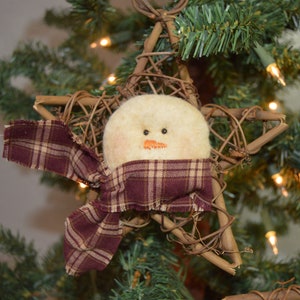 Grapevine Star Snowman Ornament, Rustic Ornament, Farmhouse Snowman Ornament, Primitive Snowman