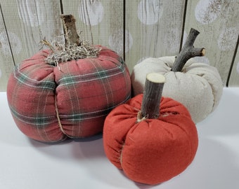 Plaid Fabric Pumpkins, Fall Farmhouse Decor, Halloween Fall Decor, Fall Tiered Tray Items, Pumpkin Shelf Sitters
