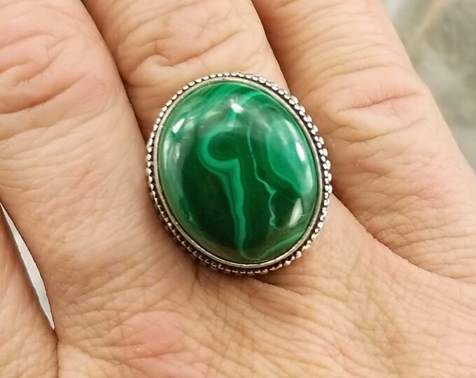 Size 6.75-925 Silver Malachite Statement Ring
