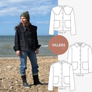 Może przedstawiać: Osoba nosi ciemną dżinsową kurtkę z dużym kołnierzem, niebieskie dżinsy i czarne buty na plaży. Kurtka ma duże kieszenie i zapięcia na guziki. Na zdjęciu znajdują się również trzy rysunki linii projektów kurtek z napisem "VILLERS 020".