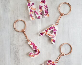 gift idea woman Christmas Keychain Letter or number with inclusion of rose petals and gold leaf Birthday