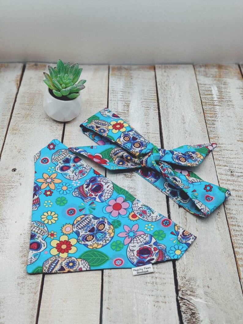 Turquoise Sugar Skull Dog Bandana Dog Bow Matching Owner Etsy