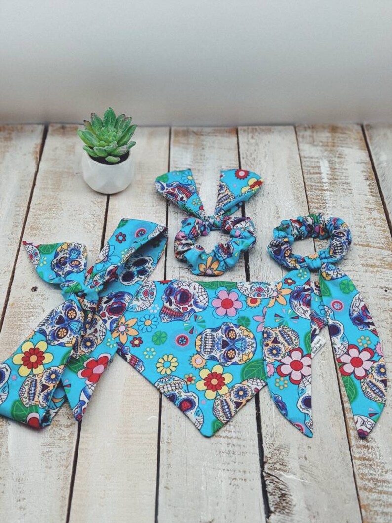 Turquoise Sugar Skull Dog Bandana Dog Bow Matching Owner Etsy