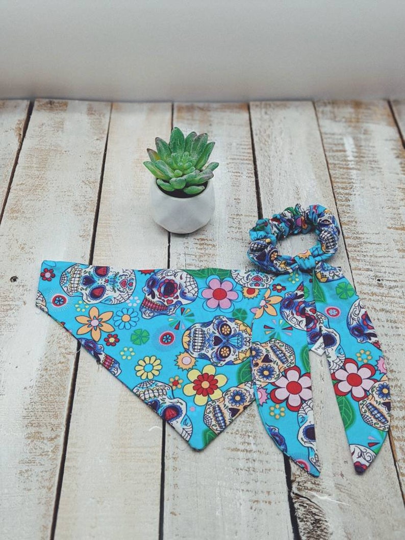 Turquoise Sugar Skull Dog Bandana Dog Bow Matching Owner Etsy