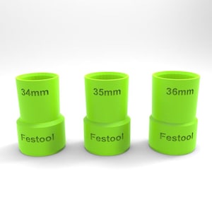 以下が含まれることがあります： Festoolサンダー用の緑色のプラスチック製ダスト吸引アダプター3個。アダプターには、34mm、35mm、36mmのラベルが貼られています。