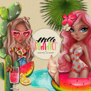 Olá Verão Tropical Party Clipart Pacote Praia Viagem Clipart Fruta Melancia Morango Limão Sorvete Cacto Chibi Meninas png