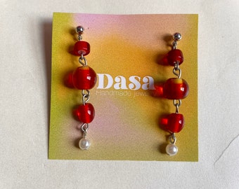 Red vintage glass bead dangle drop earrings