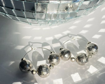 Disco ball beaded sterling hoop earrings