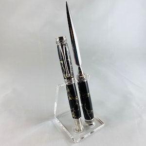 Majestic Jr Rollerball Pen with matching Letter Opener/Rhodium, Black Titanium in Black/Gold Tru-Stone