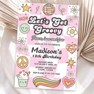 Editable Checkered Smiley Face Birthday Invitation, Groovy Retro Party Theme, Emoji Invite, Teen Any Age Girl Birthday, Let’s Get Groovy B04