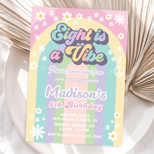 Editable Groovy 8th Birthday Invitation, Retro Daisy Rainbow Hippie Theme, Eighth is a Vibe Party Invite Template for Girls, Download, GR8