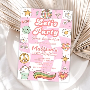 Editable Checkered Smiley Face Birthday Invitation, Groovy Retro Party Theme, Emoji Invite, Teen or Any Age Girl Birthday, Let’s Party B03