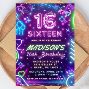 faire-part de fête phosphorescent | Faire-part au néon modifiable pour le 16e anniversaire | GN2