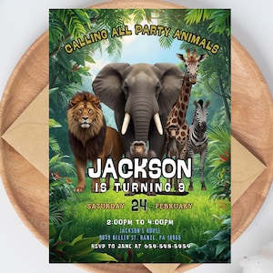 Verjaardagsuitnodiging voor dieren | Uitnodiging voor feest junglesafari | Bewerkbaar canvas | SA1