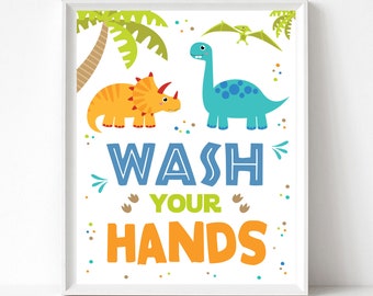 Waschen Sie Ihre Hände Zeichen | Dinosaurier Kinderzimmer & Kinderbadezimmer Poster | Schule Printable | D01