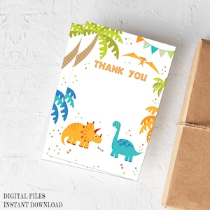 Cartão de agradecimento de dinossauro, cartão de agradecimento de aniversário de dinossauro, cartão de agradecimento com tema de dinossauro, notas de agradecimento para impressão, DOWNLOAD INSTANTÂNEO, D01