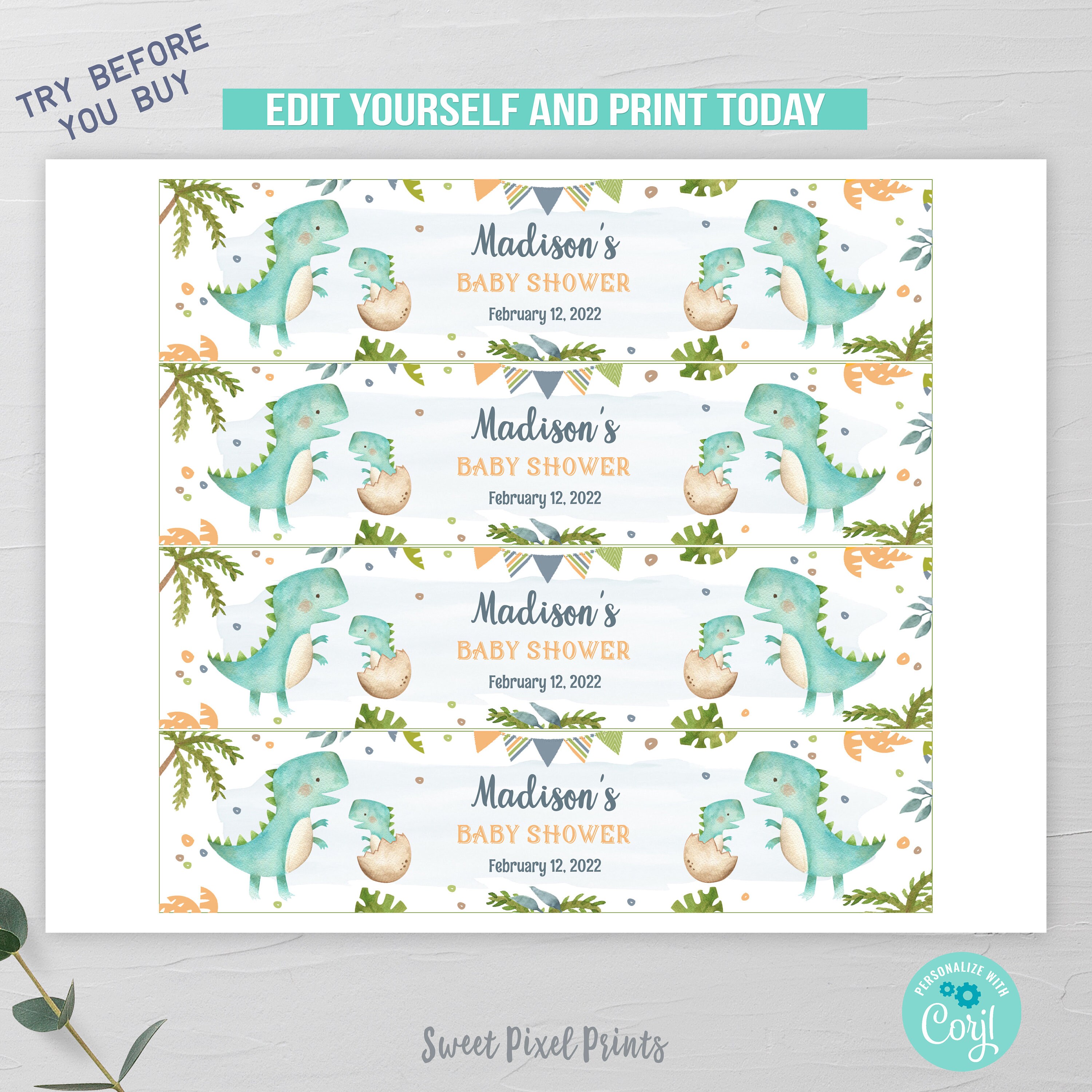 Dinosaur Water Bottle Labels EDITABLE Dinosaur Baby Shower - Etsy