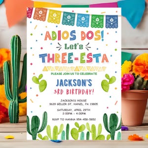 Fiesta 3rd Birthday Invitation, EDITABLE Three-esta Invite, Adios dos Printable Template, Mexican Theme Card, Digital INSTANT DOWNLOAD FM5