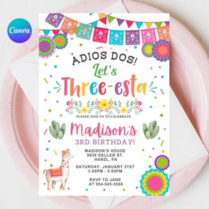 Convite de aniversário para festa, convite de aniversário EDITÁVEL para meninas de três anos, convite mexicano Adeus, DOWNLOAD INSTANTÂNEO FM1