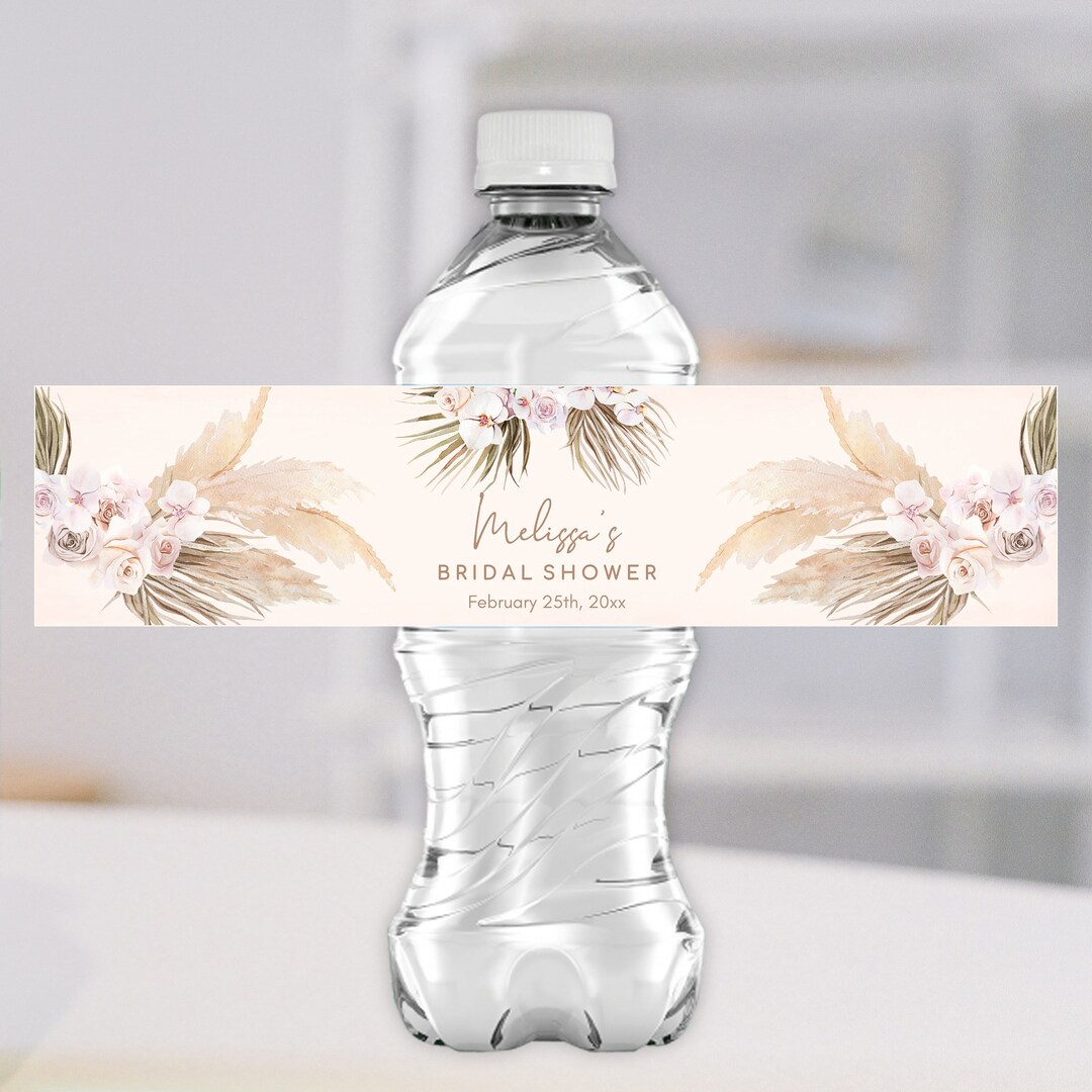Boho Water Bottle Labels, EDITABLE Pampas Grass Bridal Shower Bottle