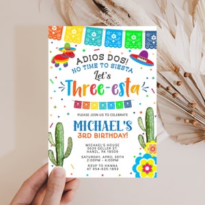 Fiesta Birthday Invitation, EDITABLE Three-esta birthday invitation, Adios dos no time to siesta let's three-esta invite, PRINTABLE