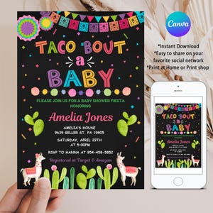 Fiesta Baby Shower, EDITABLE Taco &#39;Bout a Baby Invitation, Mexican Shower Invite, Printable Digital Canva Template INSTANT DOWNLOAD, FM4